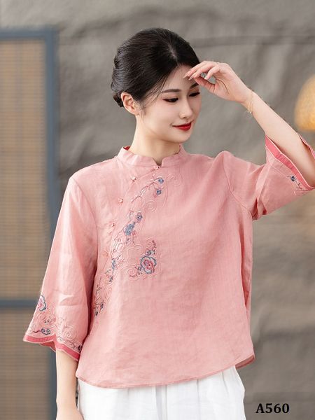  A560-Áo Ramie Cổ Đứng Thêu Nghệ Thuật 