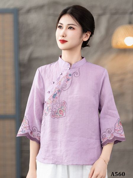  A560-Áo Ramie Cổ Đứng Thêu Nghệ Thuật 