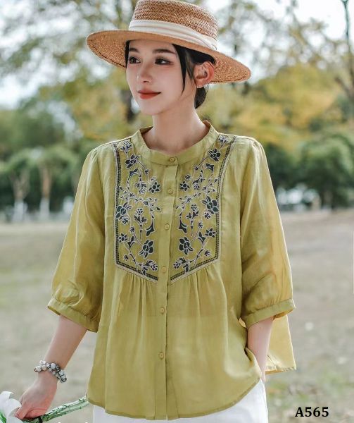  A565-Áo Ramie Thêu Hoa Cổ Đứng Tay Lỡ 