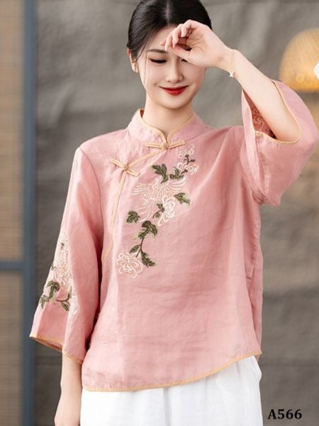  A566-Áo Ramie Thêu Hoa Cổ Đứng Nút Gài Cổ Điển 