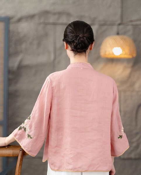 A566-Áo Ramie Thêu Hoa Cổ Đứng Nút Gài Cổ Điển 