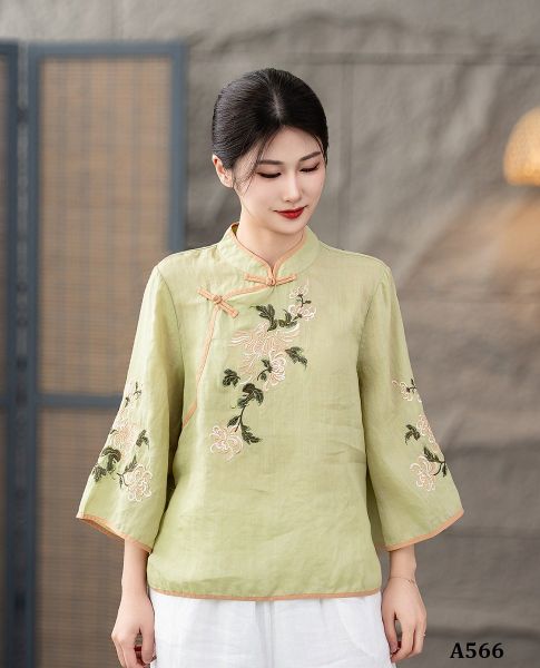  A566-Áo Ramie Thêu Hoa Cổ Đứng Nút Gài Cổ Điển 