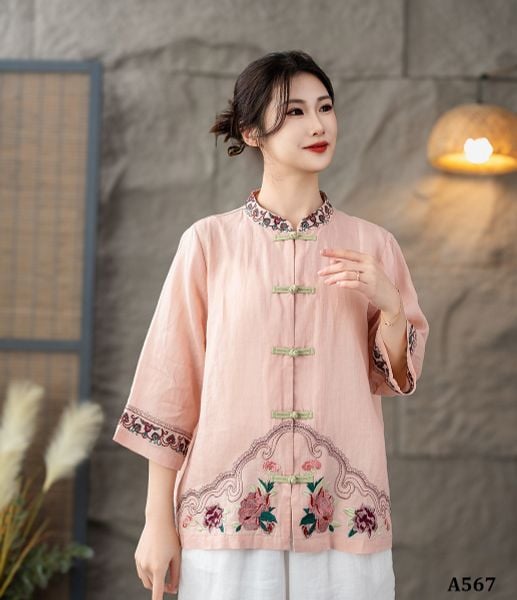  A567-Áo Ramie Thêu Hoa Họa Tiết Cổ Đứng Nút Gài Cổ Điển 