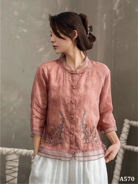  A570-Áo Ramie Zen Thêu Hoa Phối Tơ Nghệ Thuật 