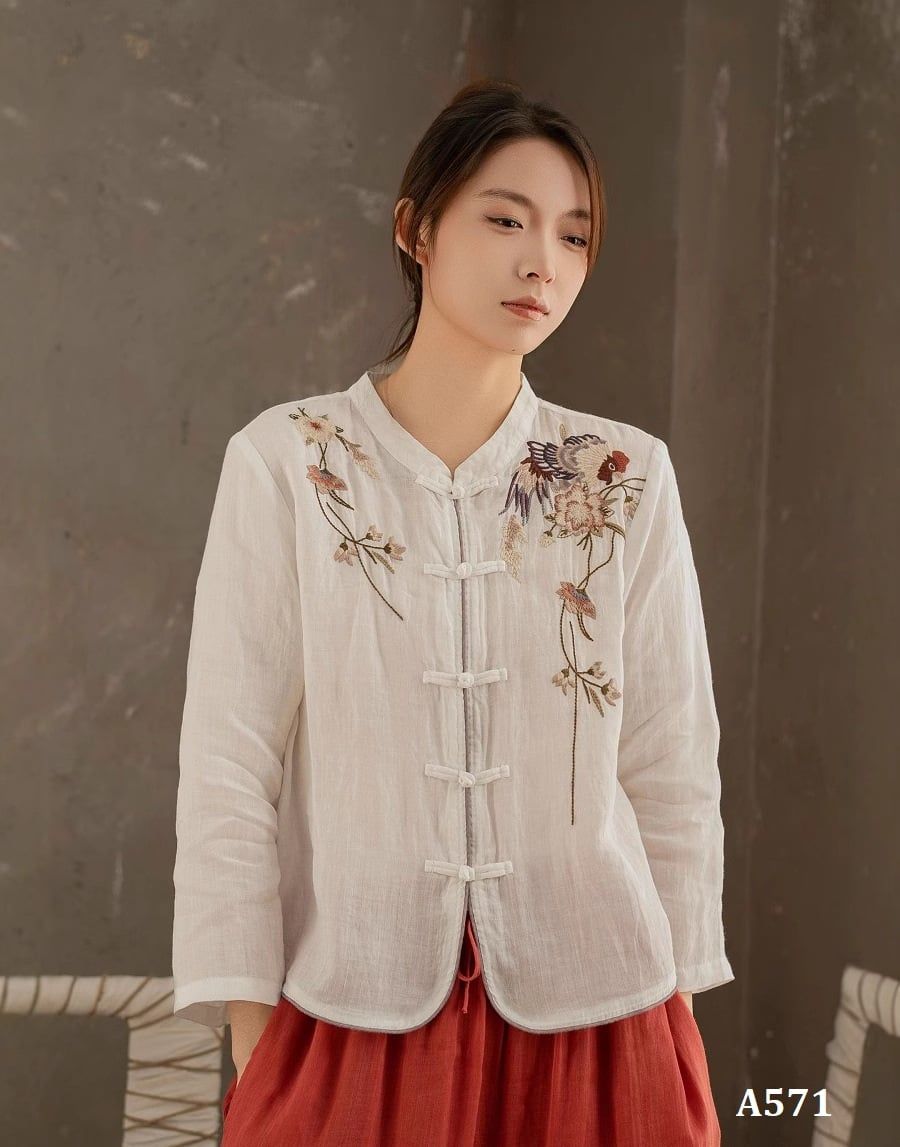  A571-Áo Ramie Thêu Hoa Nút Gài Nghệ Thuật 