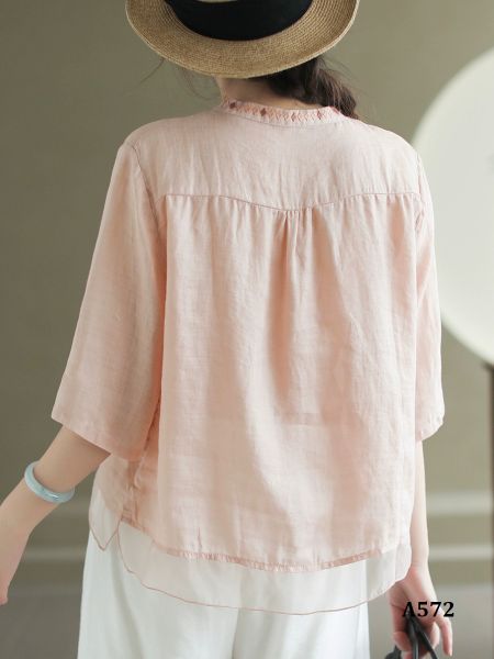  A572-Áo Ramie Thêu Hoa Đối Xứng Nghệ Thuật 