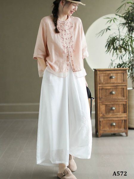  A572-Áo Ramie Thêu Hoa Đối Xứng Nghệ Thuật 