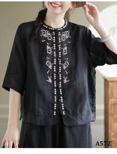  A572-Áo Ramie Thêu Hoa Đối Xứng Nghệ Thuật 