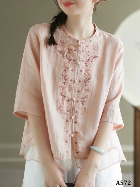  A572-Áo Ramie Thêu Hoa Đối Xứng Nghệ Thuật 