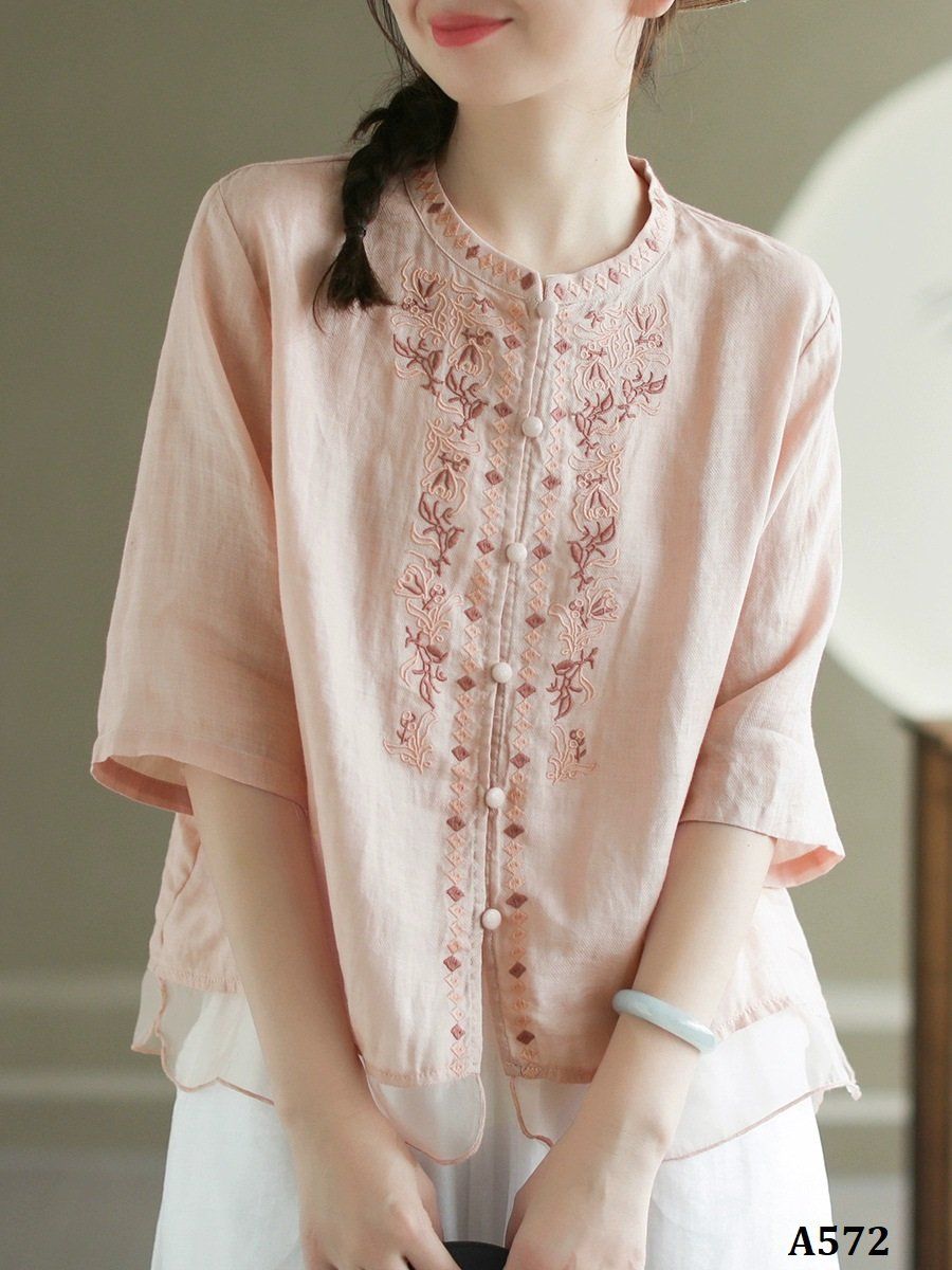  A572-Áo Ramie Thêu Hoa Đối Xứng Nghệ Thuật 