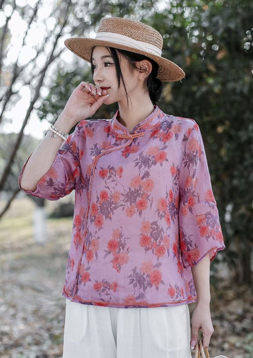  A574-Áo Ramie Hoa Lá Nút Xiên Cổ Điển 