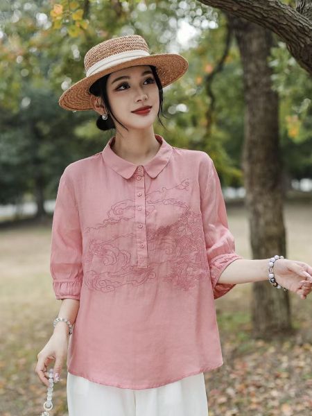  A575-Áo Ramie Tay Phồng Thêu Nghệ Thuật 