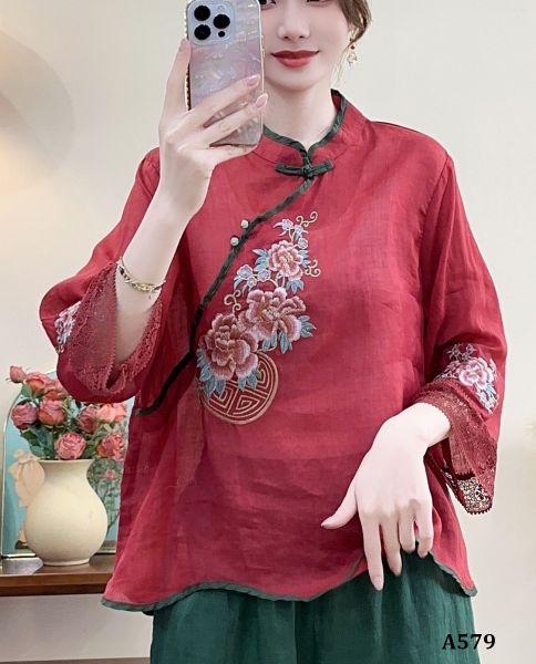  A579-Áo Ramie Thêu Hoa Viền Ren Tay 