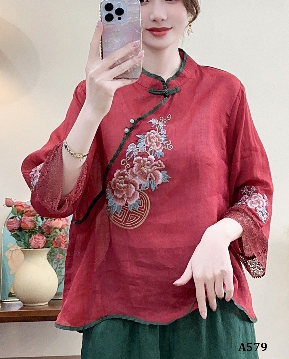  A579-Áo Ramie Thêu Hoa Viền Ren Tay 