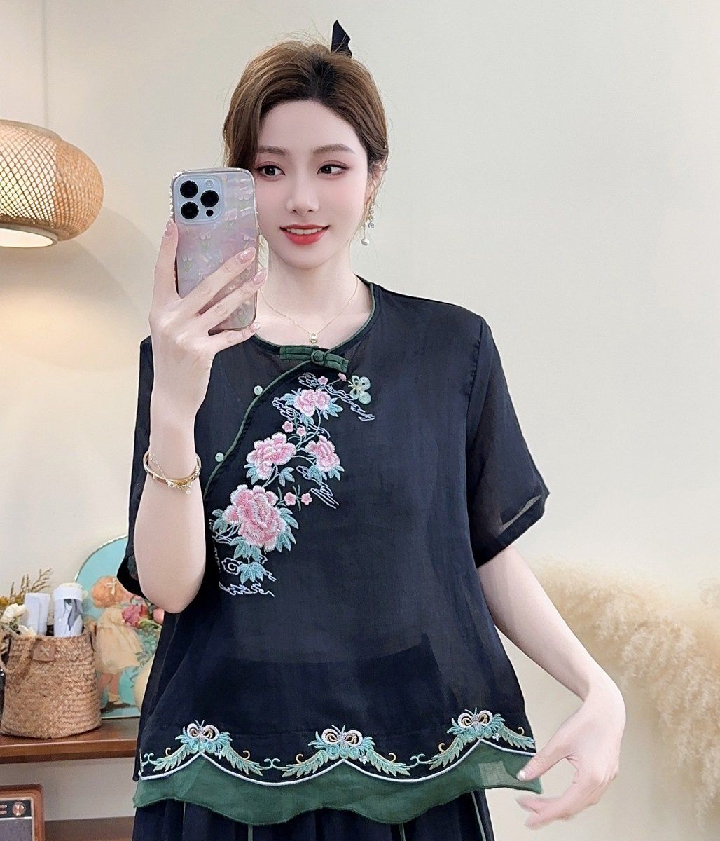  A581-Áo Ramie Thêu Hoa Thêu Lai Nghệ Thuật 