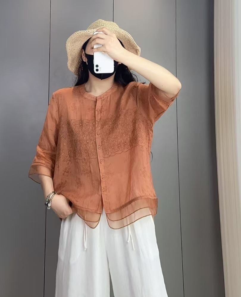  A582-Áo Ramie Thêu Hoa Nghệ Thuật 