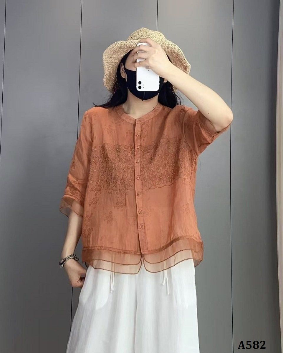  A582-Áo Ramie Thêu Hoa Nghệ Thuật 