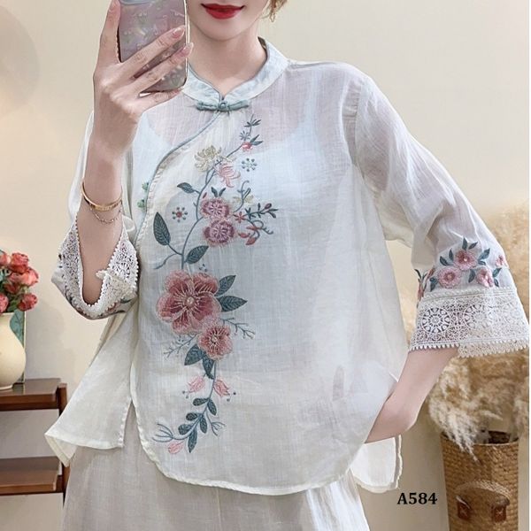  A584-Áo Ramie Thêu Hoa Nút Xiên Nghệ Thuật 
