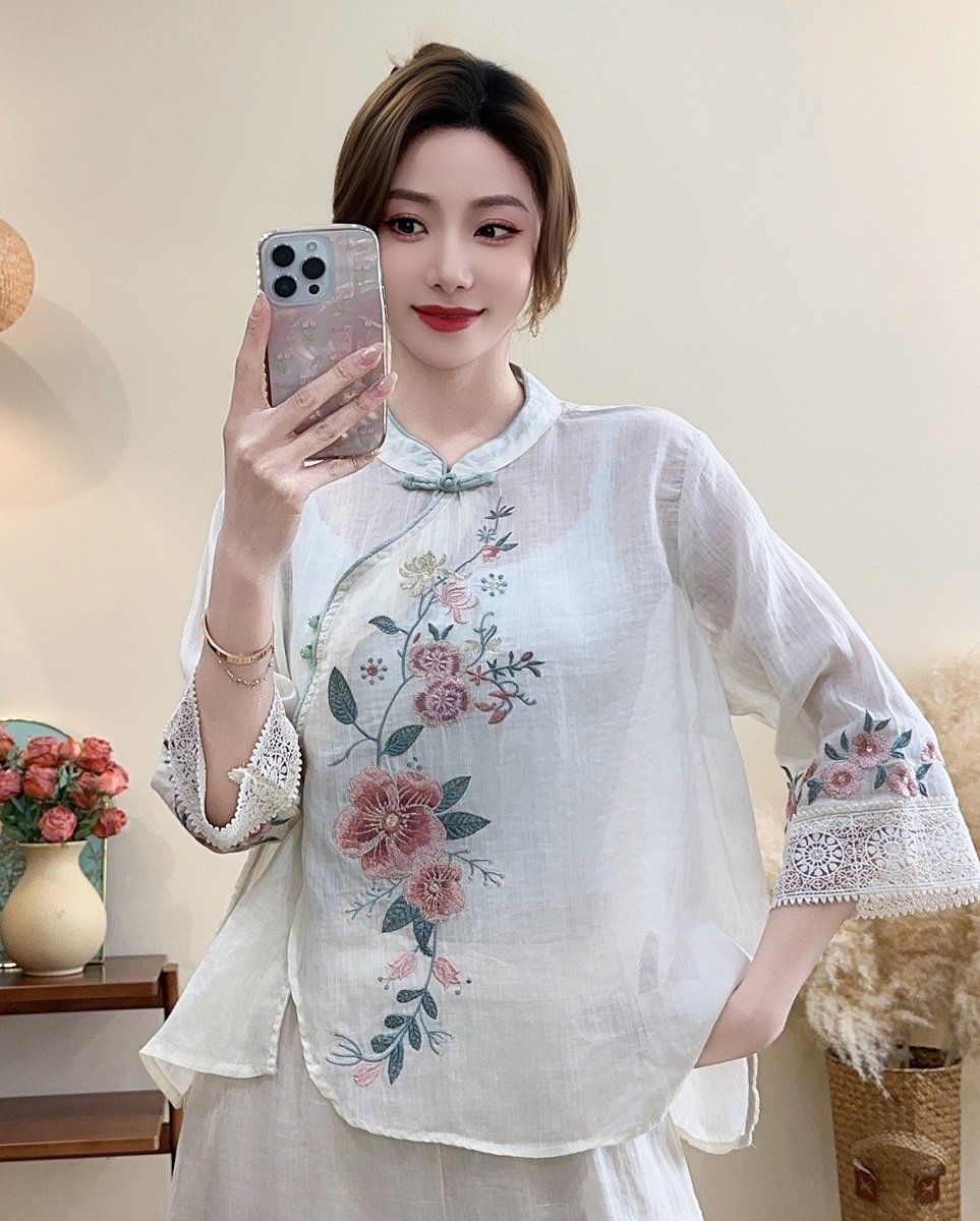  A584-Áo Ramie Thêu Hoa Nút Xiên Nghệ Thuật 