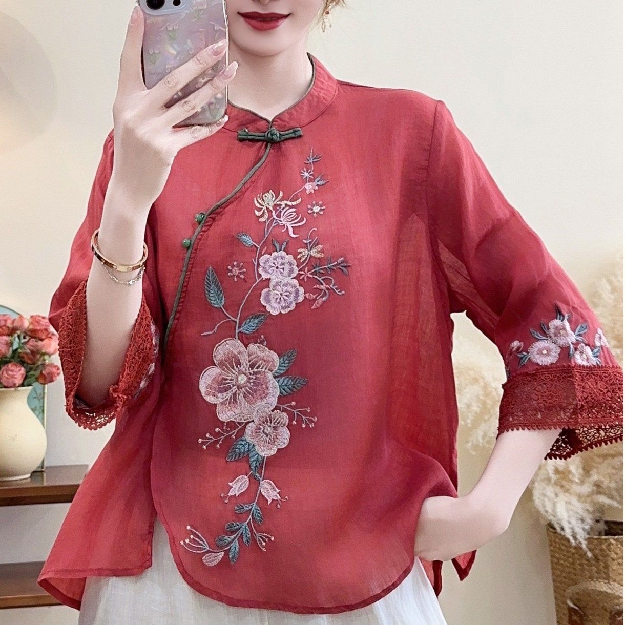  A584-Áo Ramie Thêu Hoa Nút Xiên Nghệ Thuật 