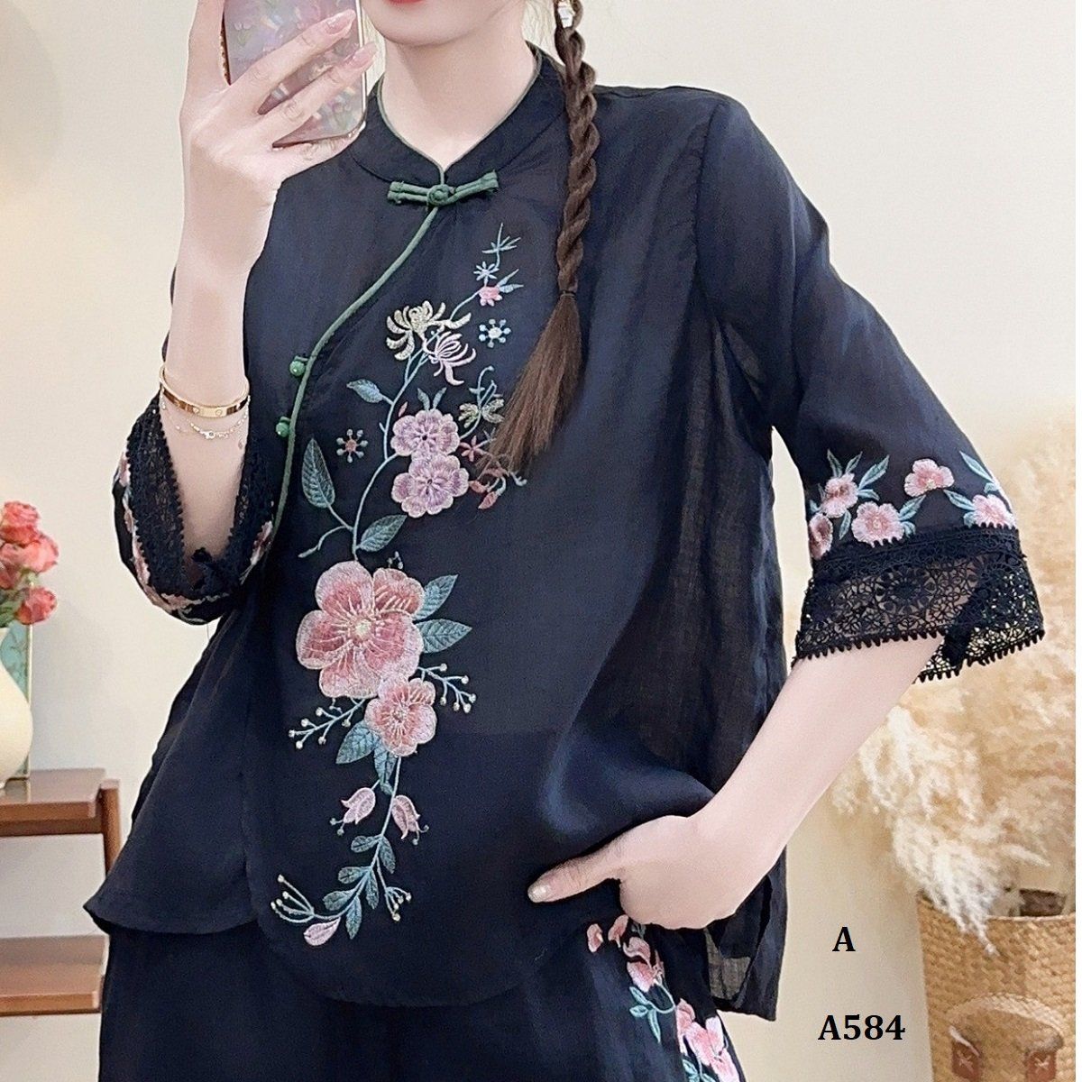  A584-Áo Ramie Thêu Hoa Nút Xiên Nghệ Thuật 