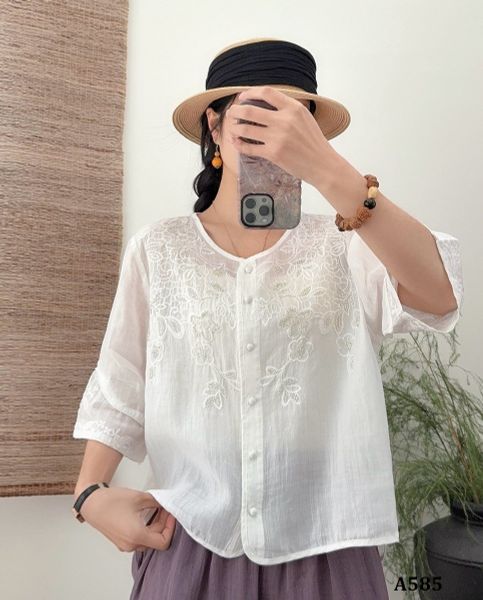  A585-Áo Ramie Thêu Hoa Thêu Tay Nghệ Thuật 