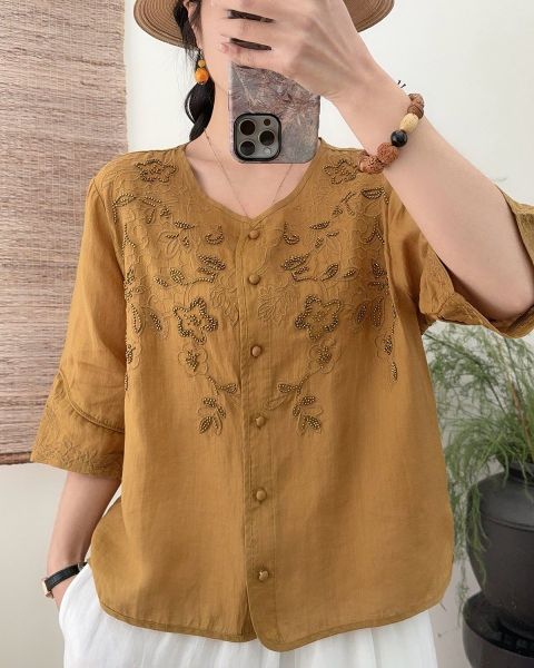  A585-Áo Ramie Thêu Hoa Thêu Tay Nghệ Thuật 