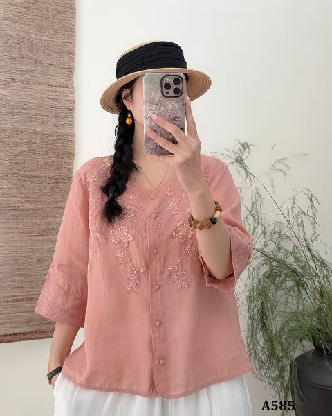  A585-Áo Ramie Thêu Hoa Thêu Tay Nghệ Thuật 