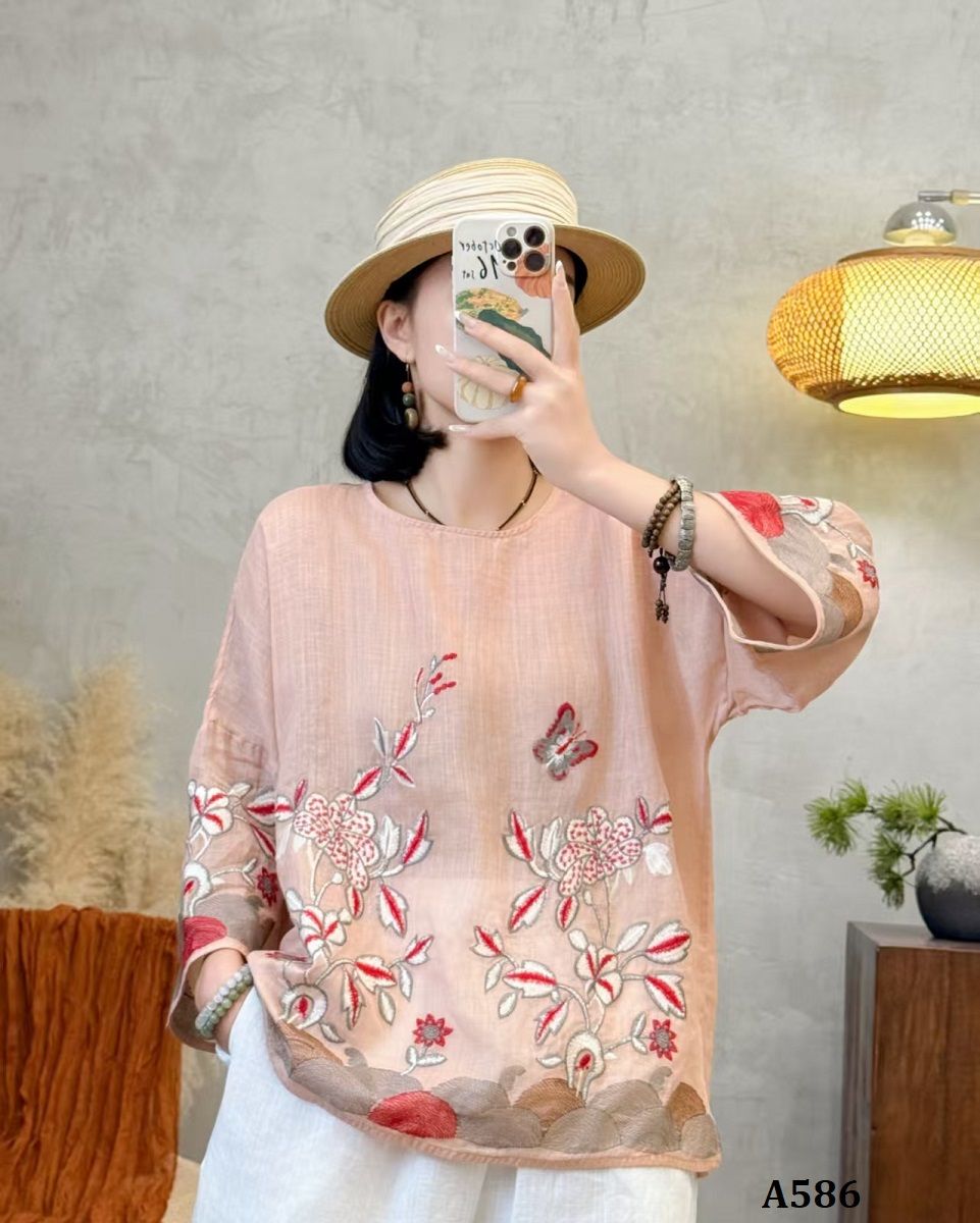  A586-Áo Ramie Thêu Hoa Thêu Tay Áo Nghệ Thuật 