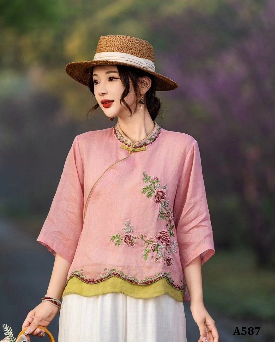  A587-Áo Ramie Thêu Nhánh Hoa Cổ Lai Họa Tiết Nghệ Thuật 