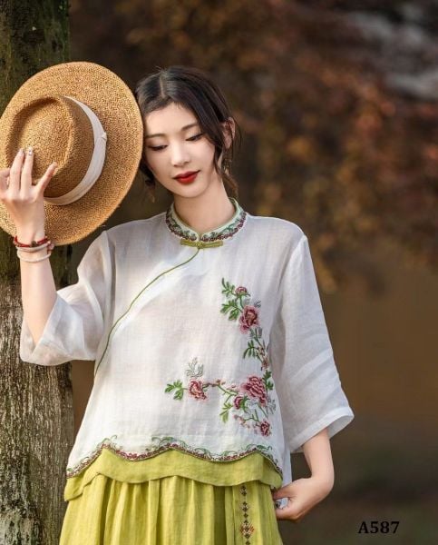  A587-Áo Ramie Thêu Nhánh Hoa Cổ Lai Họa Tiết Nghệ Thuật 