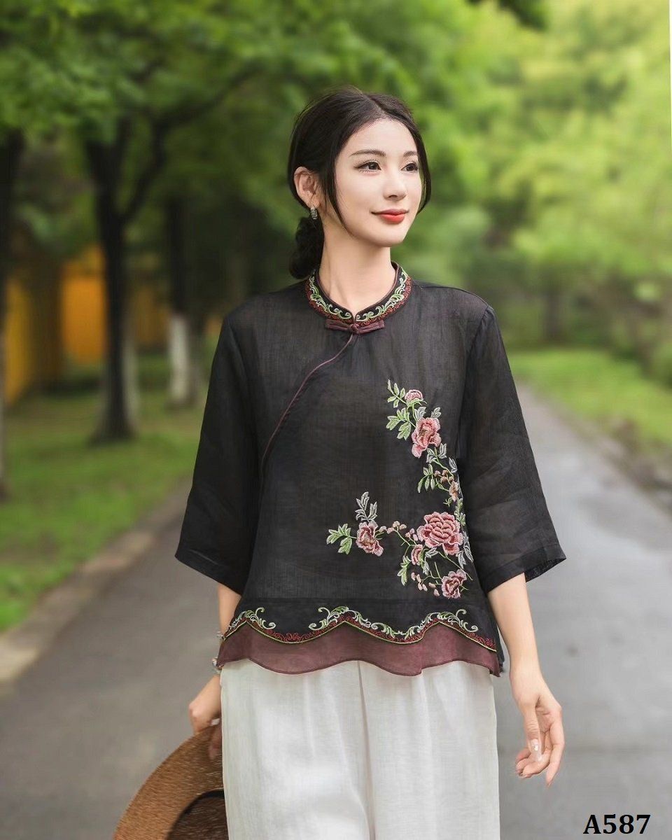  A587-Áo Ramie Thêu Nhánh Hoa Cổ Lai Họa Tiết Nghệ Thuật 