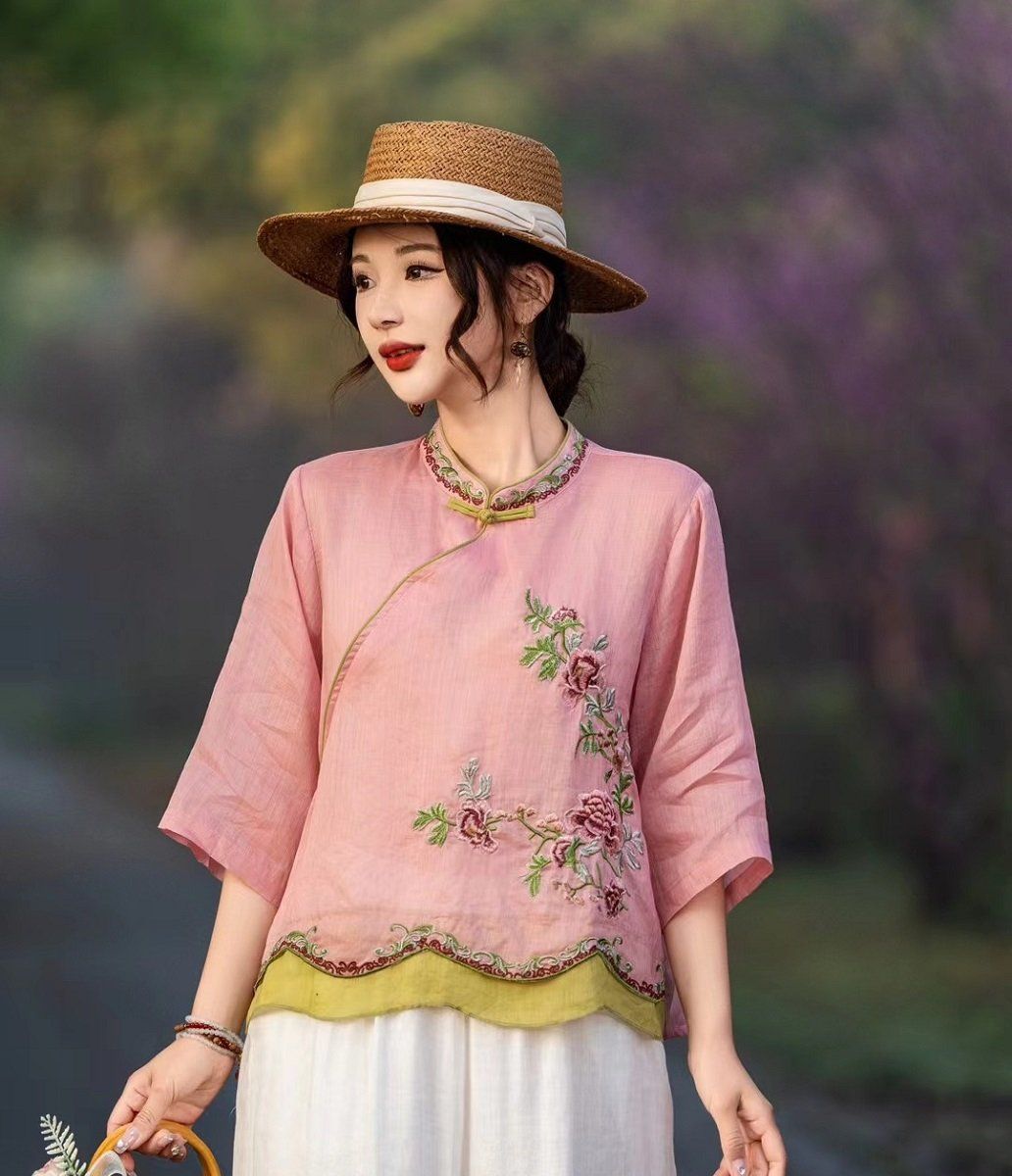  A587-Áo Ramie Thêu Nhánh Hoa Cổ Lai Họa Tiết Nghệ Thuật 