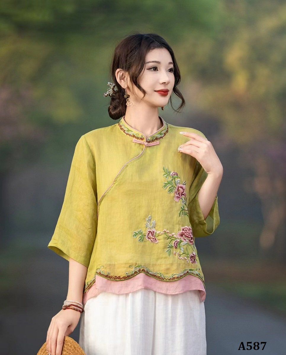  A587-Áo Ramie Thêu Nhánh Hoa Cổ Lai Họa Tiết Nghệ Thuật 