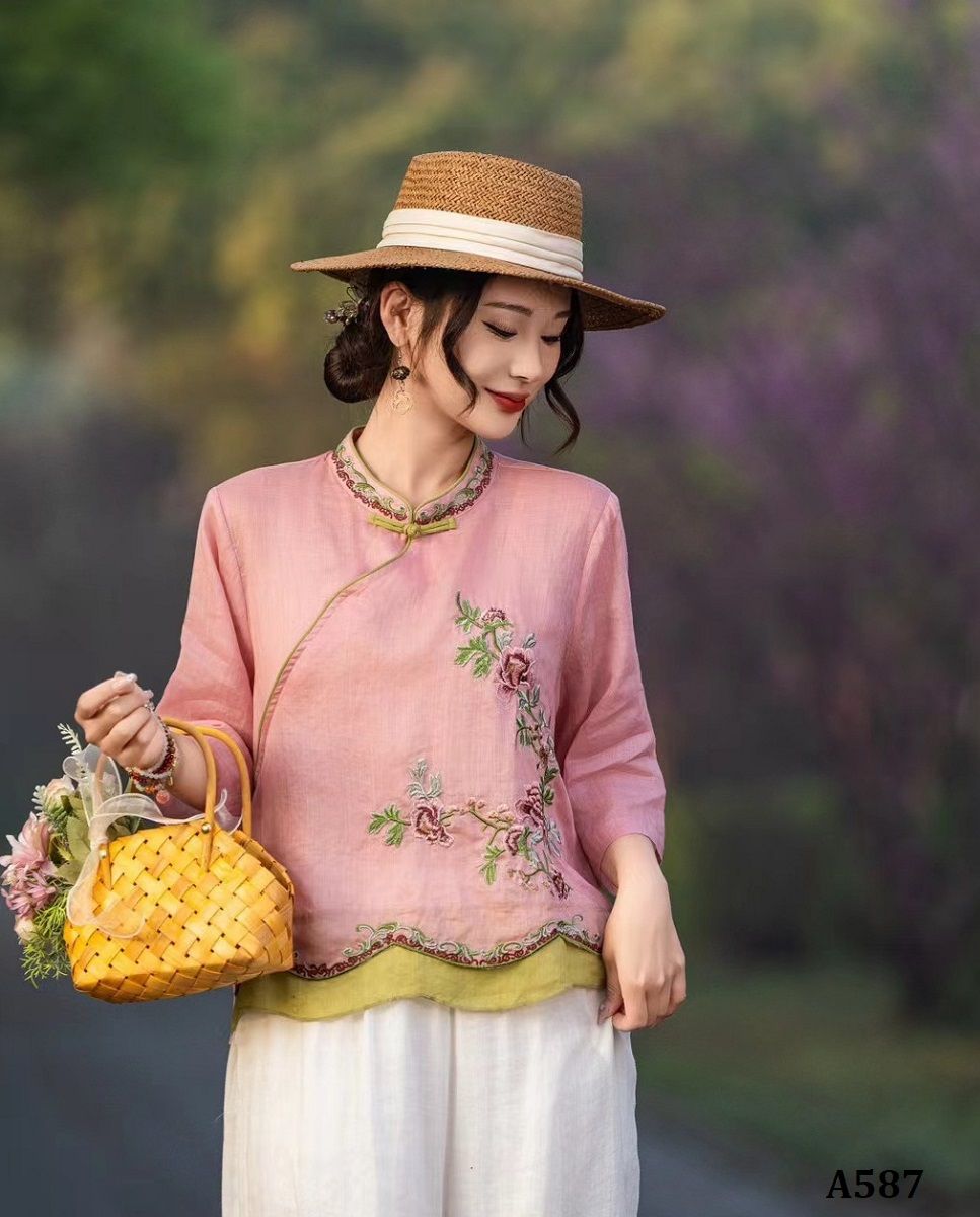  A587-Áo Ramie Thêu Nhánh Hoa Cổ Lai Họa Tiết Nghệ Thuật 