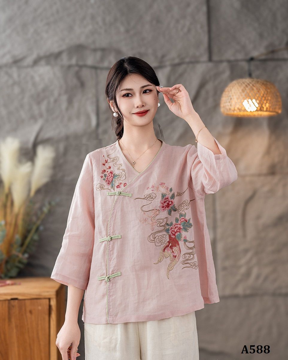  A588-Áo Ramie Thêu Hoa Nghệ Thuật Cổ Điển 