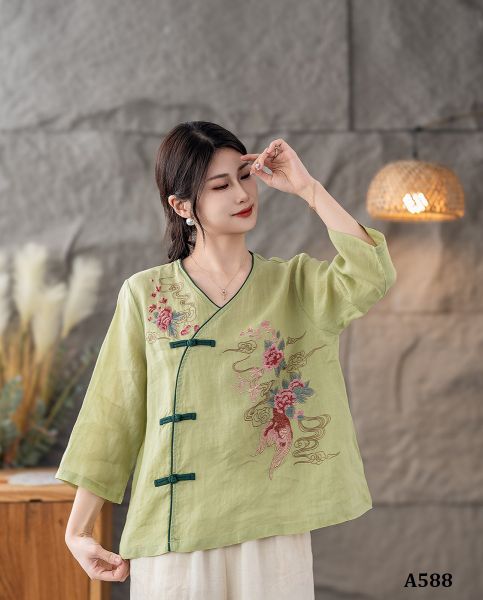  A588-Áo Ramie Thêu Hoa Nghệ Thuật Cổ Điển 