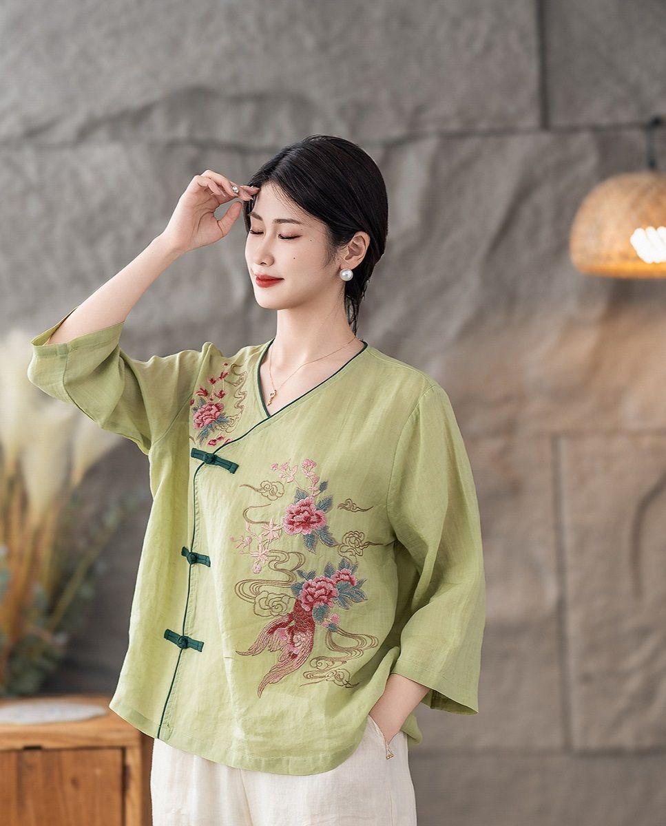  A588-Áo Ramie Thêu Hoa Nghệ Thuật Cổ Điển 