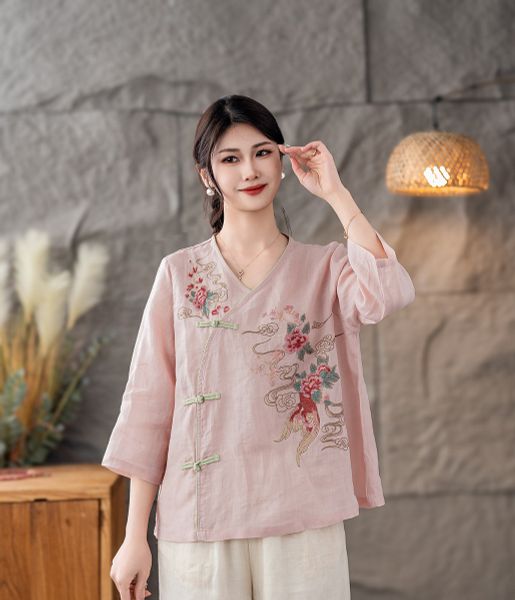  A588-Áo Ramie Thêu Hoa Nghệ Thuật Cổ Điển 