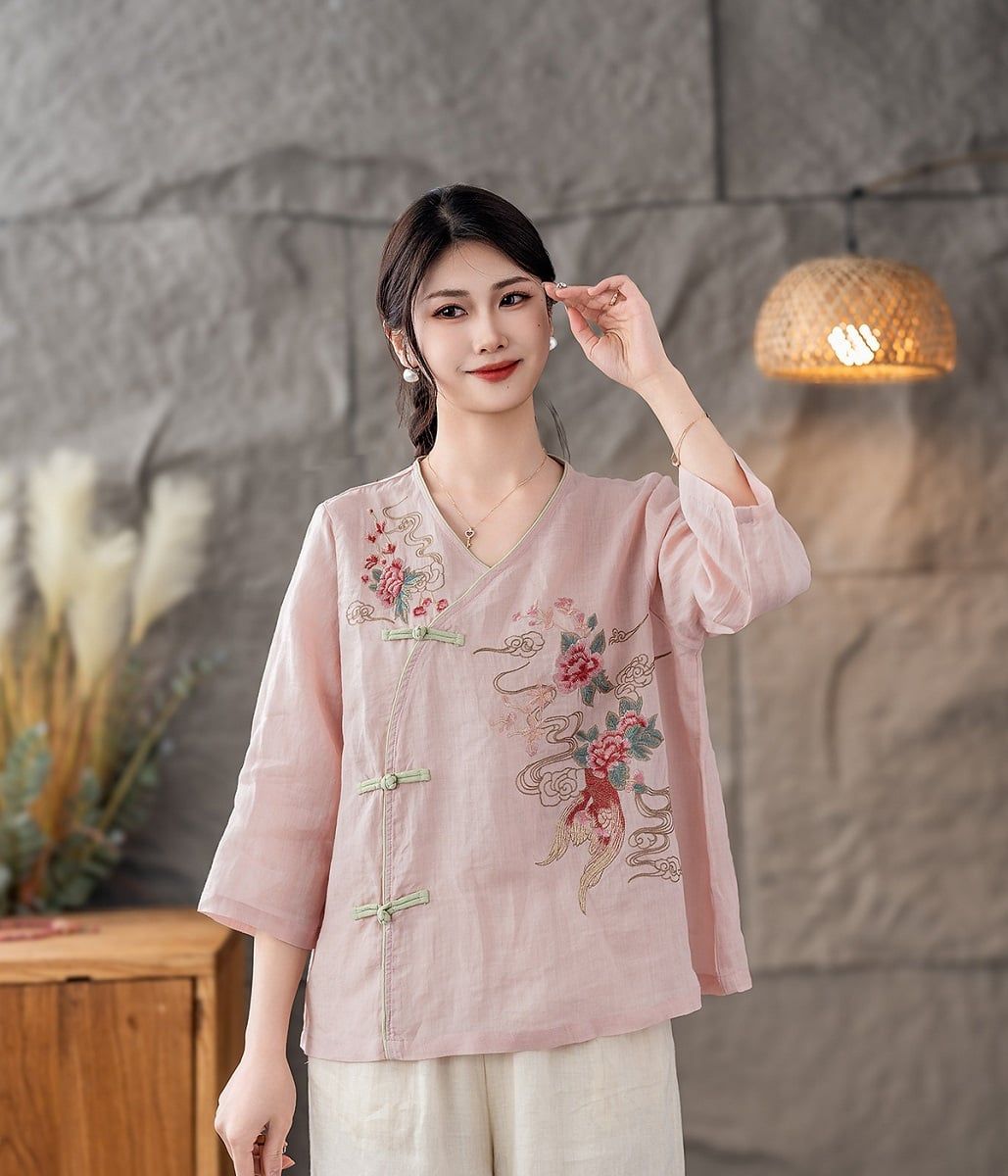  A588-Áo Ramie Thêu Hoa Nghệ Thuật Cổ Điển 