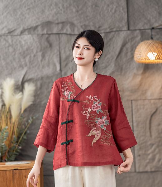  A588-Áo Ramie Thêu Hoa Nghệ Thuật Cổ Điển 