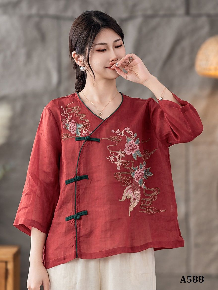  A588-Áo Ramie Thêu Hoa Nghệ Thuật Cổ Điển 