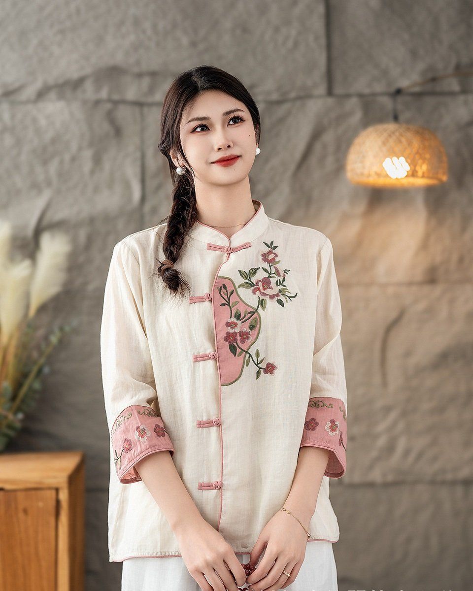  A589-Áo Ramie Cổ Đứng Thêu Hoa Phối Màu Nghệ Thuật Cổ Điển 