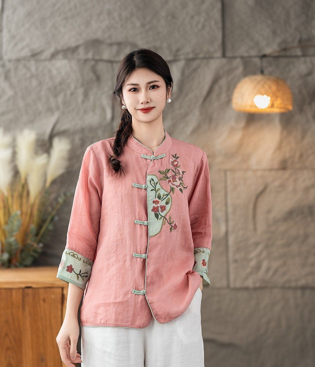  A589-Áo Ramie Cổ Đứng Thêu Hoa Phối Màu Nghệ Thuật Cổ Điển 