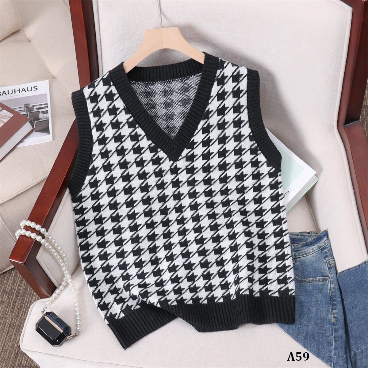  A59-Áo Len Vest Gile Houndstooth 