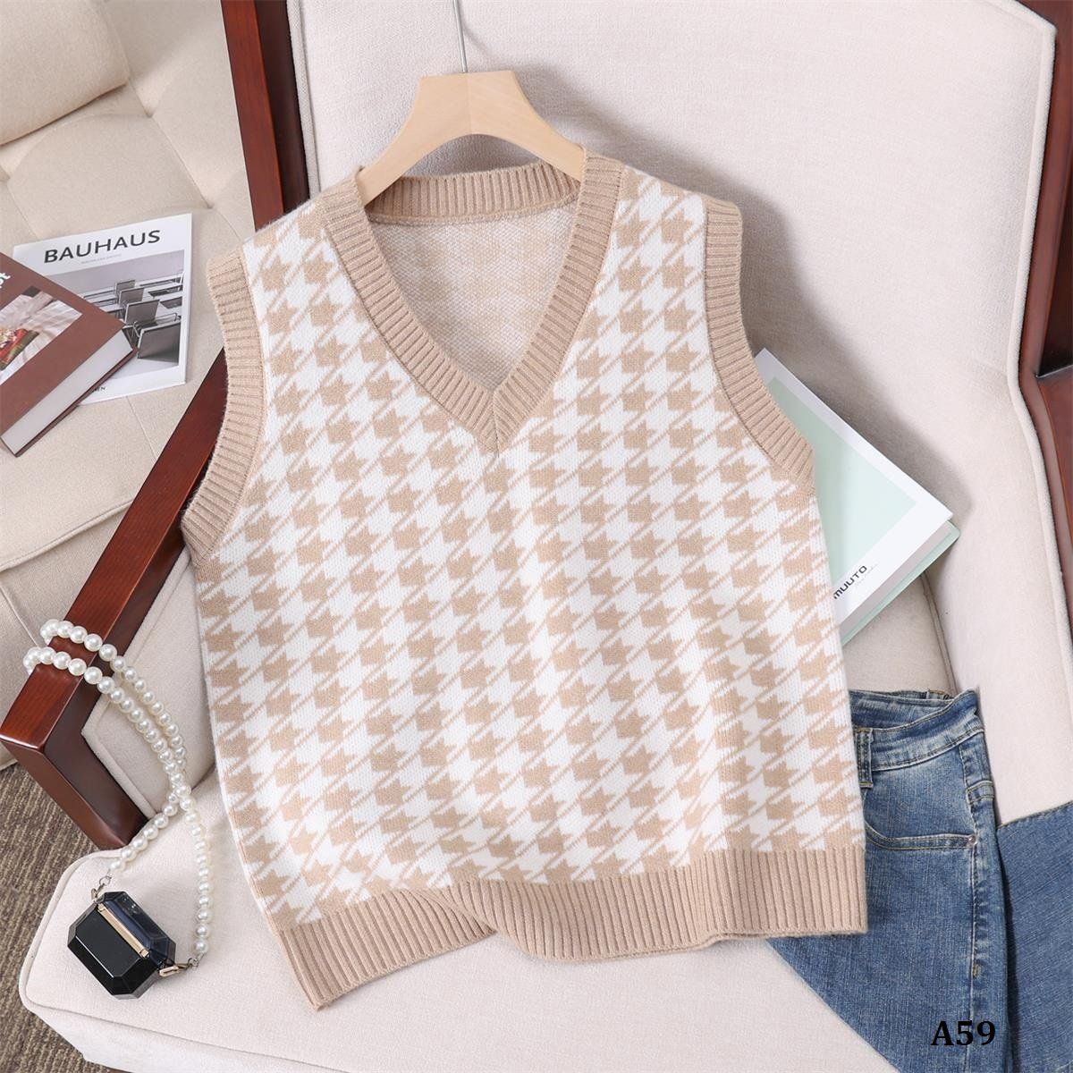  A59-Áo Len Vest Gile Houndstooth 