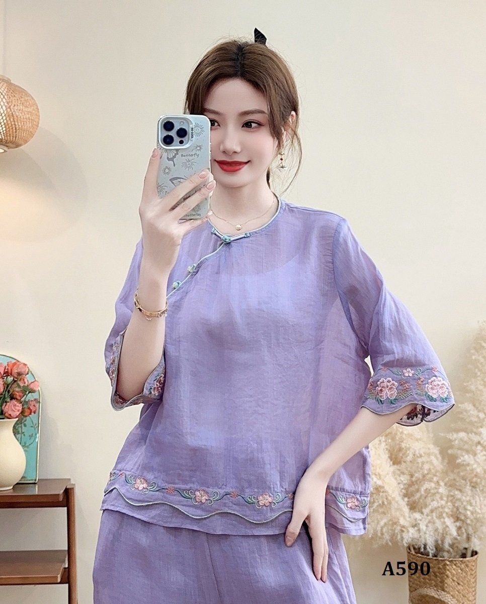  A590-Áo Ramie Nút Xiên Thêu Hoa Nghệ Thuật 