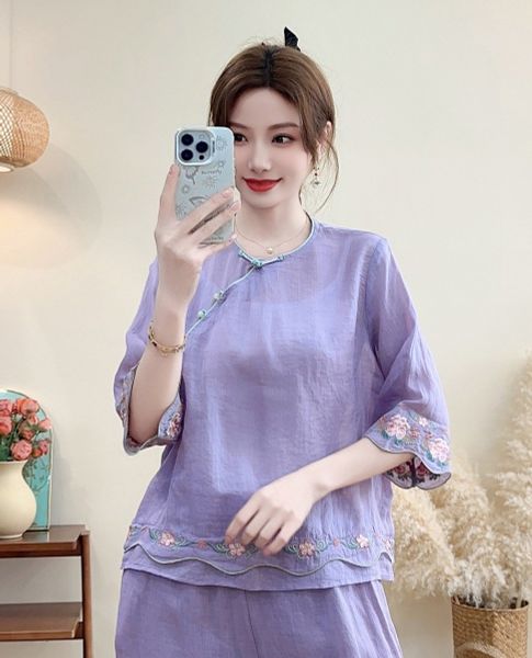  A590-Áo Ramie Nút Xiên Thêu Hoa Nghệ Thuật 