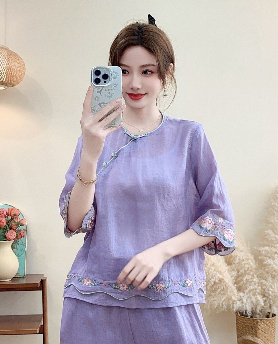 A590-Áo Ramie Nút Xiên Thêu Hoa Nghệ Thuật 