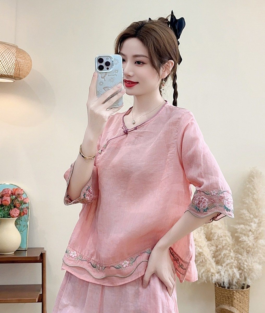  A590-Áo Ramie Nút Xiên Thêu Hoa Nghệ Thuật 